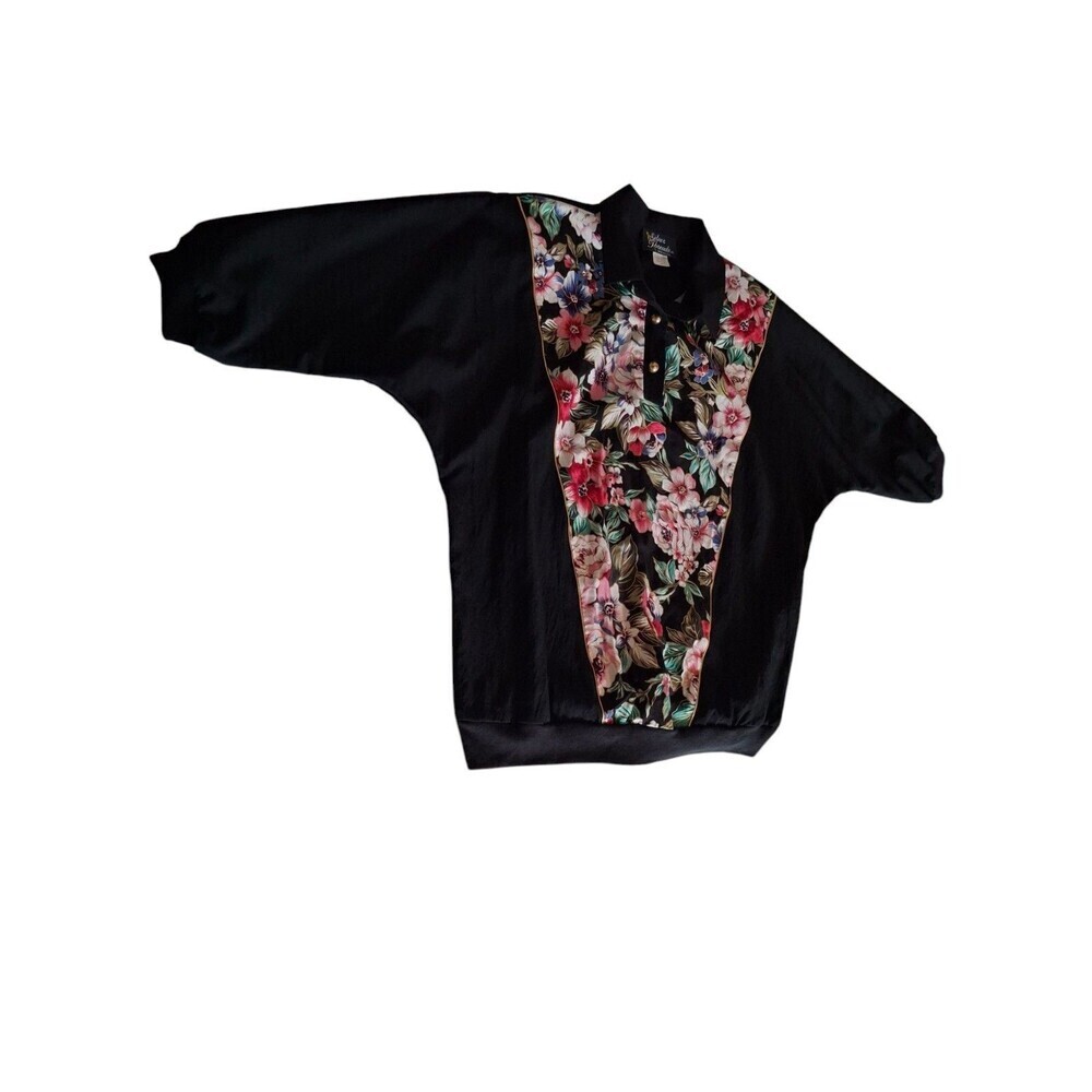 Silver Threads Womens Black vintage windbreaker Shirt Pullover 1X Floral Button